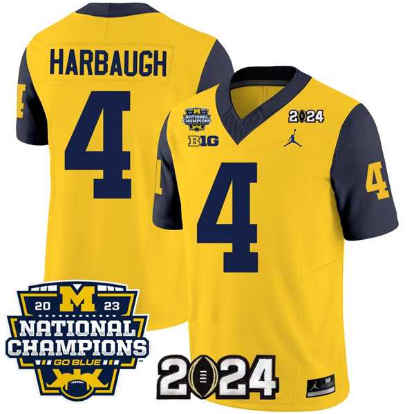 Mens Michigan Wolverines #4 Jim Harbaugh Yellow Navy 2024 F.U.S.E. With 2023 National Champions Patch Stitched Jersey